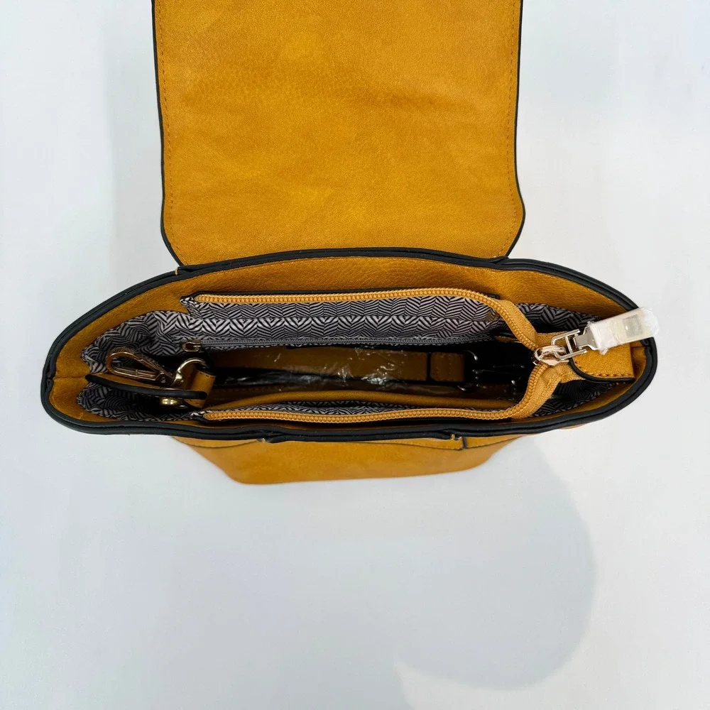 Mustard Yellow Faux Leather Convertible Backpack Crossbody HandBag Gold Hardware